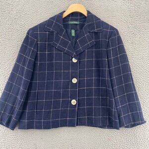 Lauren Ralph Lauren Blazer Womens Navy Grid Silk Linen Blend 3/4 Sleeve Cropped*